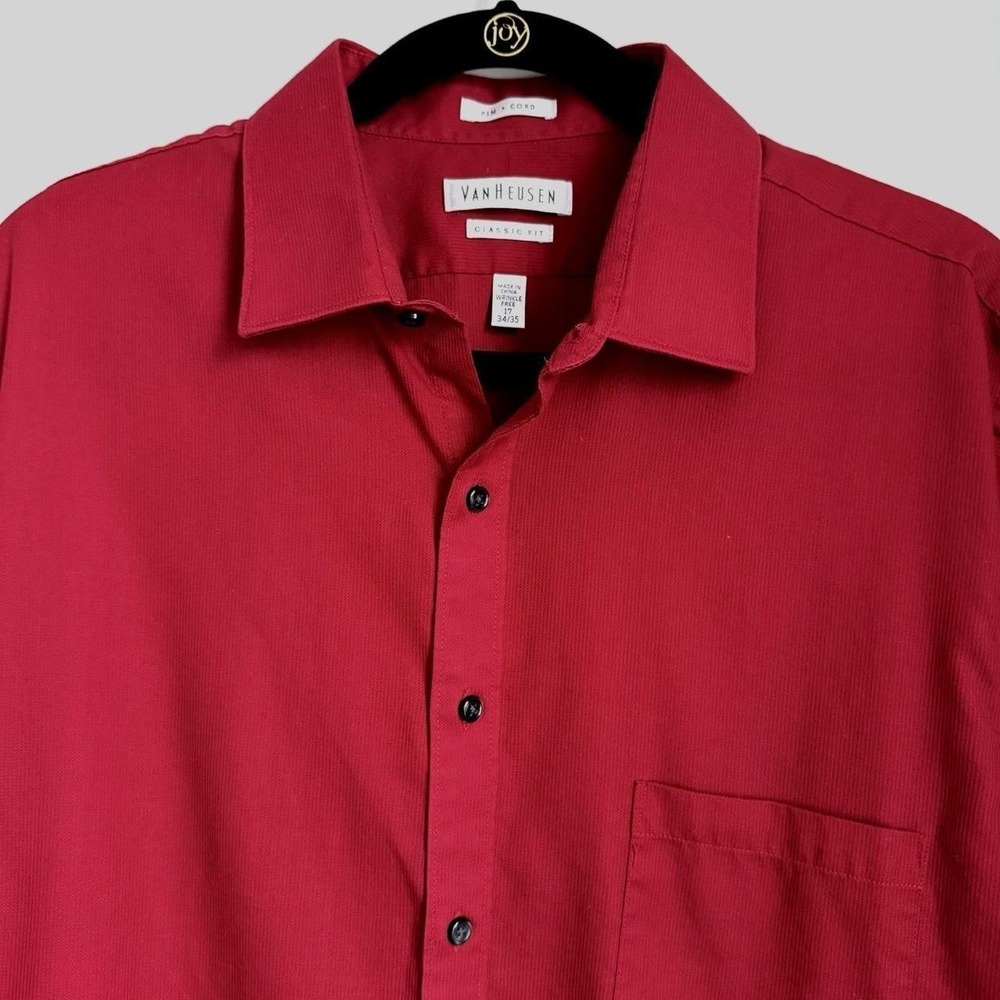 Van Heusen Pin Cord Dress Shirt Mens 17 34-35 Berry Red Wrinkle Free Classic Fit - Picture 4 of 10